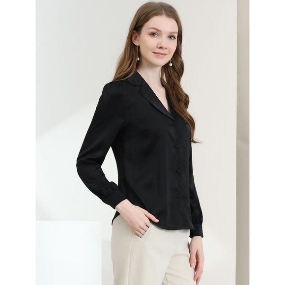 Women's Collar Blouse Long Sleeve Satin Button Down Shirt Black - Picture 4 of 6